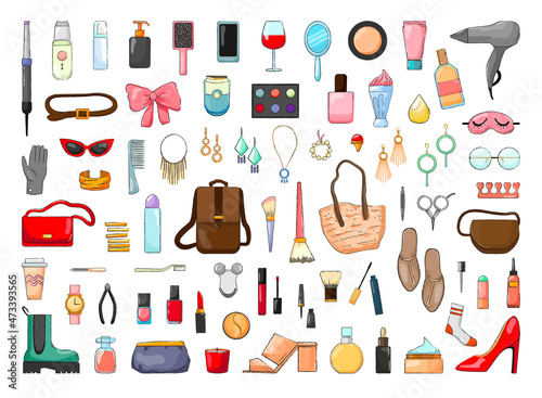 Collection of women's accessories and cosmetics in a modern style.