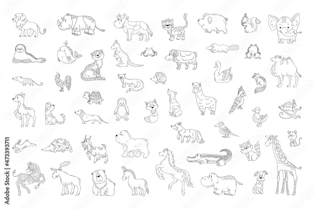 Vector set of animals in a linear style. Illustrations for creating coloring pages, prints. Vector set of animals in a linear style. Illustrations for creating coloring pages, prints.