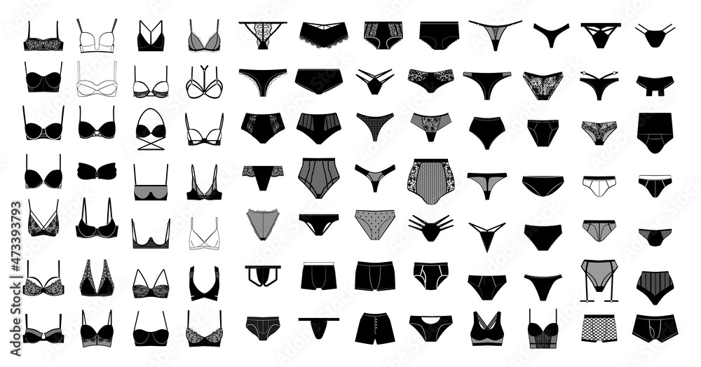 Collection of women's lingeries and men's underpants. Black and white illustrations.