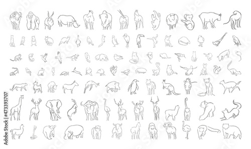 Fototapeta Naklejka Na Ścianę i Meble -  Vector set of animals in a linear style. Illustrations for creating coloring pages, prints.