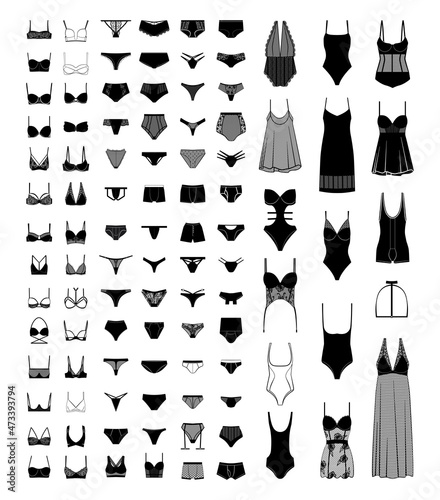 Collection of women's lingeries and men's underpants. Black and white illustrations.