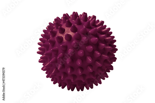 Red plastic spiny massage ball isolated on white. Concept of physiotherapy or fitness. Closeup of a colorful rubber ball for dog teeth on a white color background. Corona virus model.