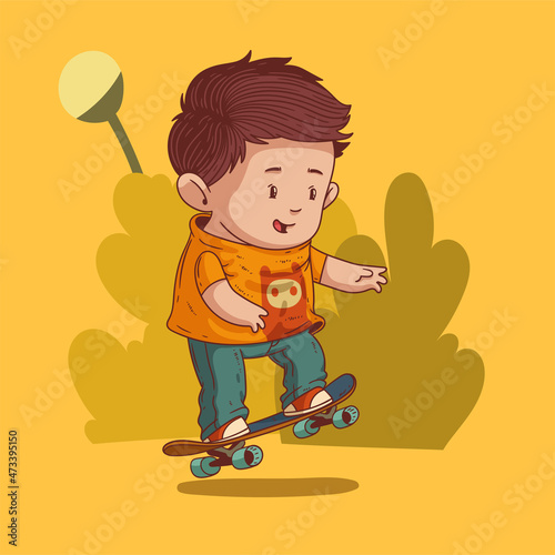 Enthusiastic little boy on skateboard. Cute vector illustration of lovely boy wearing a t-shirt, jeans and sneakers, showing tricks on his board. Child character, hipster kid, nice toddler, skater boy