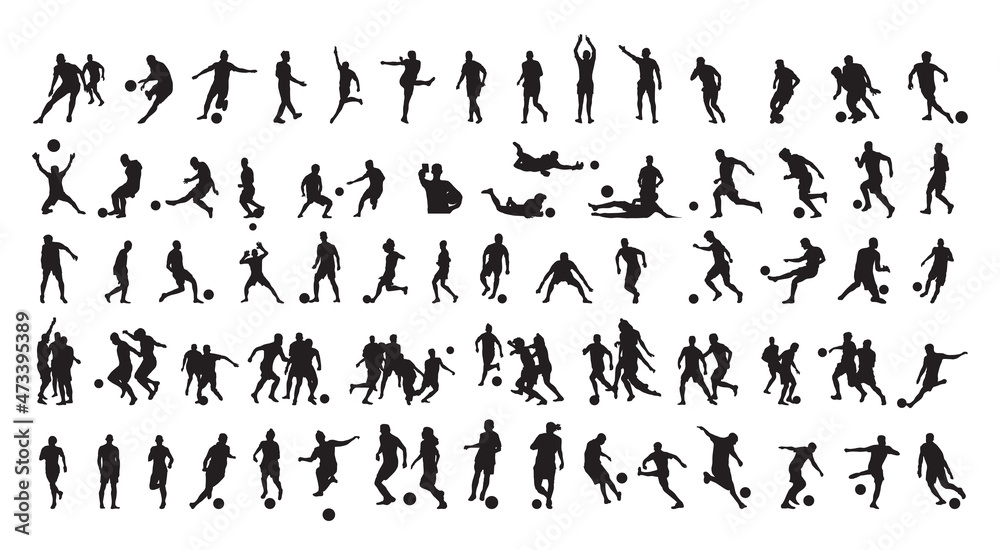 Collection of black silhouettes of soccer players. Shadows of the footballers on a white background. Sports illustrations.