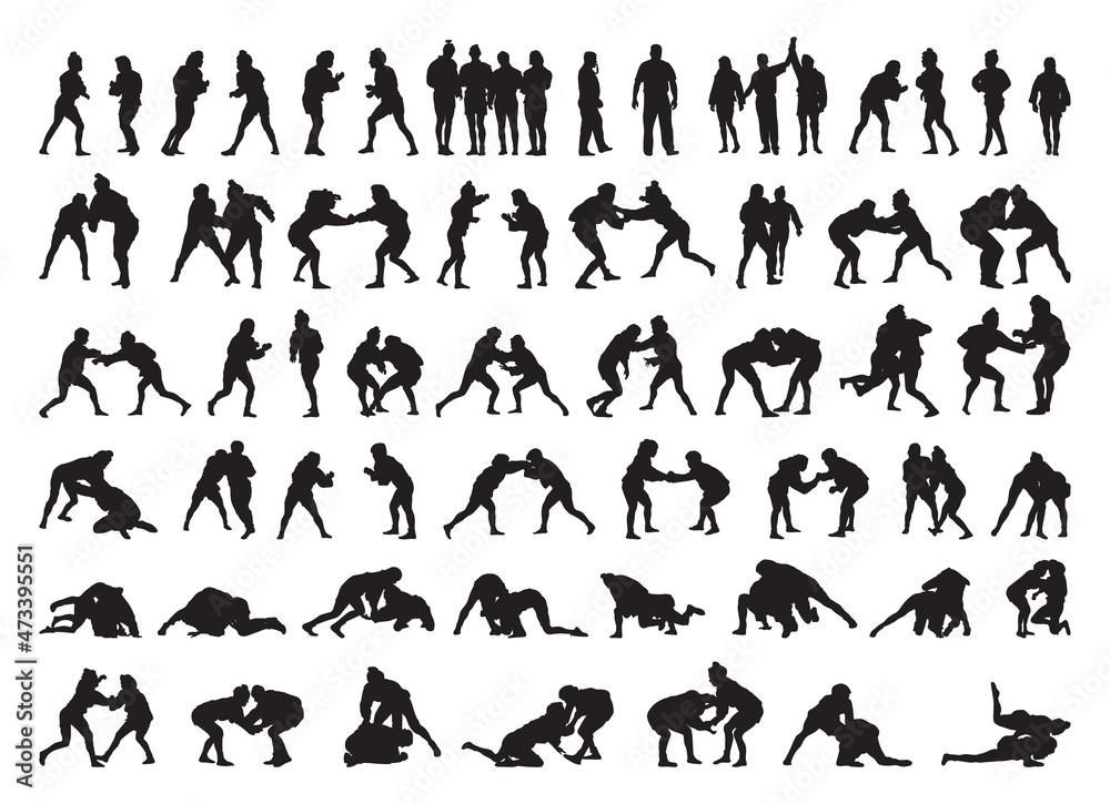 Fototapeta premium Collection of black silhouettes of people practicing sambo. Shadows of the fighting men on a white background. Martial arts illustrations.