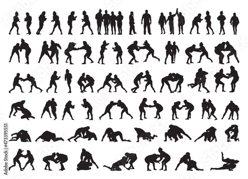 Collection of black silhouettes of people practicing sambo. Shadows of the fighting men on a white background. Martial arts illustrations.