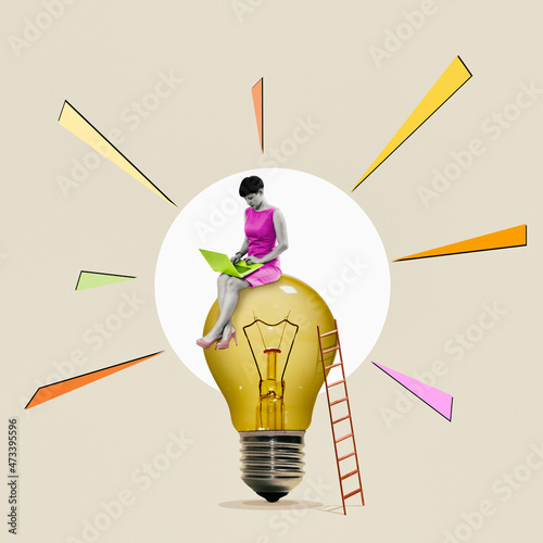 A woman researcher with a laptop sits on a light bulb. Contemporary collage.
