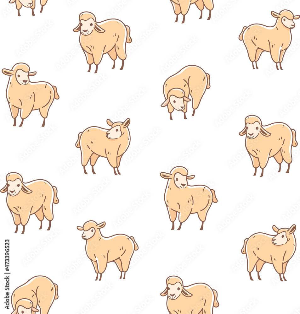 Seamless trendy pattern with style cartoon sheep in various poses. Flat design print in beige  color.