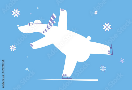 Cartoon bear a skater illustration.  Polar bear a skater white on blue background 