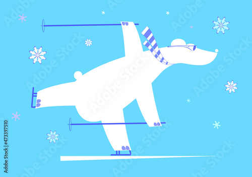 Cartoon skiing bear illustration. 
Skiing polar bear white on blue background
