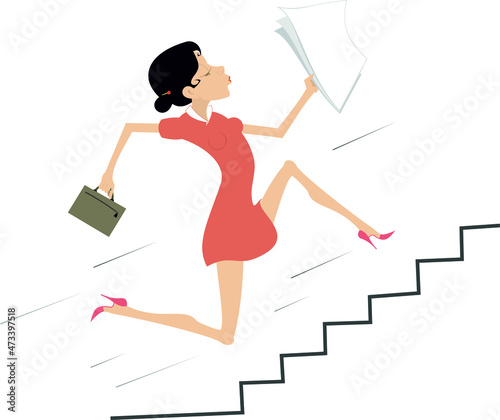 Cartoon businesswoman runs upstairs illustration. 
Smiling young woman with bag and papers goes upstairs isolated on white
