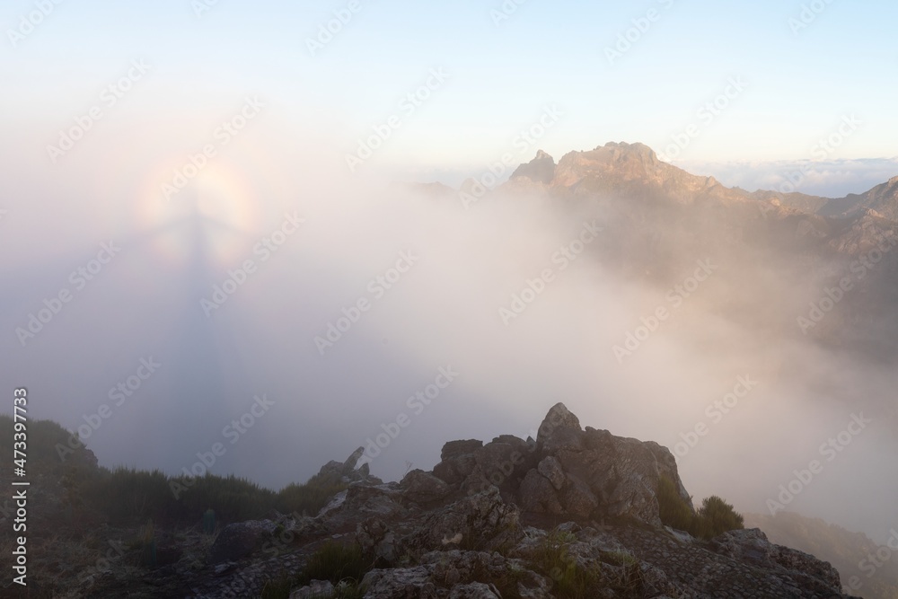 Mountain trail Pico do Arieiro, Madeira Island, Portugal
Scenic view of steep and beautiful mountains during sunrise.