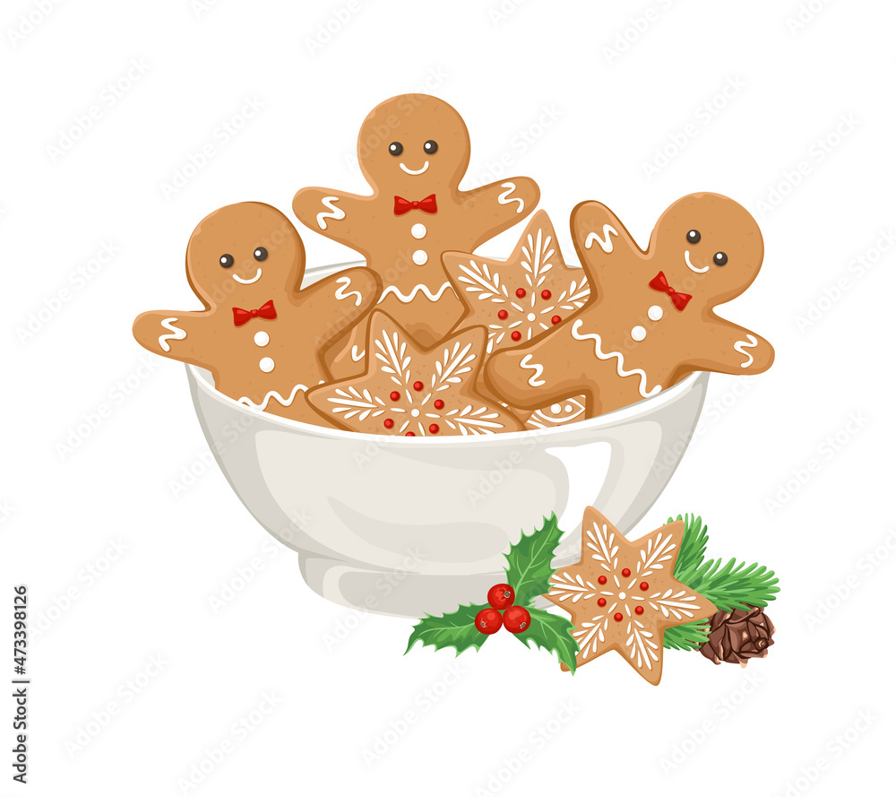Obraz premium Gingerbread men in bowl isolated on white background. Vector Christmas illustration. Cartoon flat style.