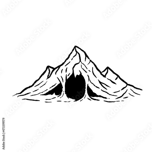 Cave in mountain with stalactites in engraving style. Drawing for map or fairy tale. Hand drawn cartoon illustration