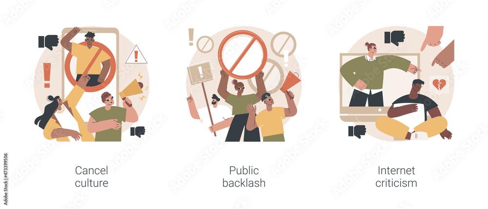 Social media behavior abstract concept vector illustration set. Cancel culture, public backlash, Internet criticism, group shaming, boycott, hate speech, bias and discrimination abstract metaphor.