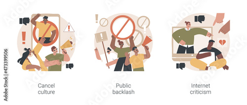 Social media behavior abstract concept vector illustration set. Cancel culture, public backlash, Internet criticism, group shaming, boycott, hate speech, bias and discrimination abstract metaphor.