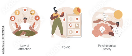 Positive and negative emotions abstract concept vector illustration set. Law of attraction, FOMO, psychological safety, social anxiety, well-being, personal comfort, visualization abstract metaphor.