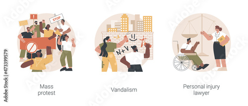 Riots outrage abstract concept vector illustration set. Mass protest, vandalism, personal injury lawyer, demonstration, political rights, racial equity, law enforcement, damage abstract metaphor.