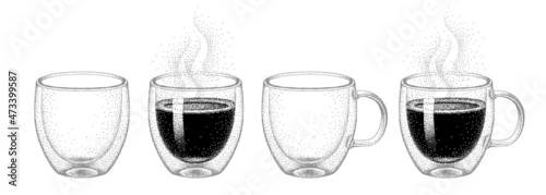 Set of glass double wall cup, hot coffee with steam. Realistic sketch, collection of mugs. Illustration in vintage pointillism style, engraving style.