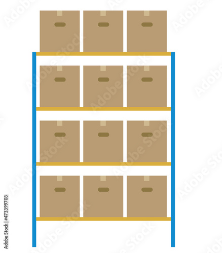 物流通販ロジスティクスイメージのイラスト　段ボールダンボールとラック棚　正面　Logistics shelves