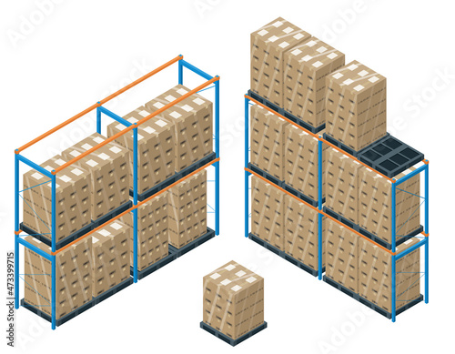 物流通販ロジスティクスイメージのイラスト　シュリンクされたダンボールとラック棚　アイソメトリックス　Logistics shelves
