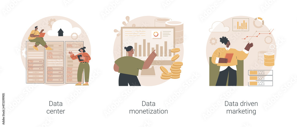 Selling database abstract concept vector illustration set. Data center, remote storage, information monetization, data-driven marketing strategy, customer information, campaign abstract metaphor.