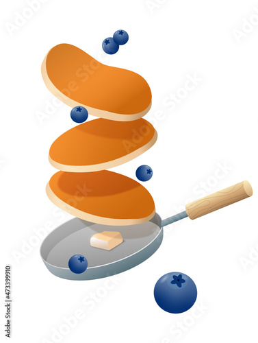 Pancake with blueberries in a pan. Traditional sweet American breakfast on white. Pancakes with syrup. Vector illustration