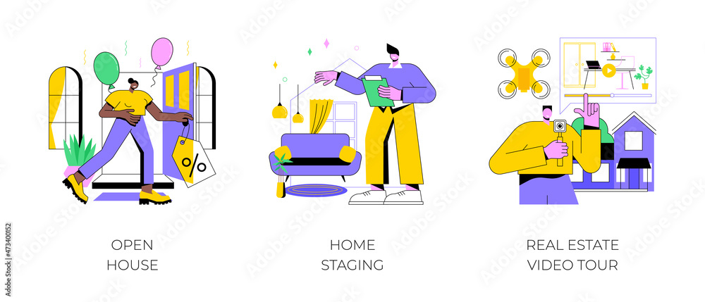 Home for sale abstract concept vector illustration set. Open house, home staging, real estate video tour, floor plan, walk through, private residence, potential buyer, furniture abstract metaphor.