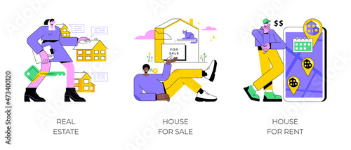 Real estate services abstract concept vector illustration set. Real estate agency, house for sale, house for rent, residential property market, rental listing, mortgage broker abstract metaphor.