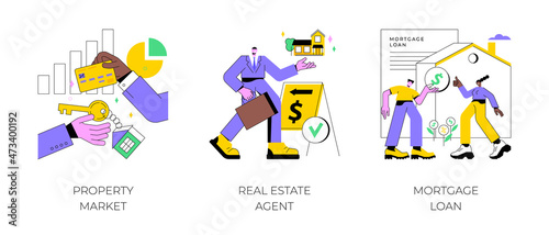 Buying property abstract concept vector illustration set. Property market, real estate agent, mortgage loan, new appartment, property investment, bank credit, down payment, pay off abstract metaphor. © Vector Juice