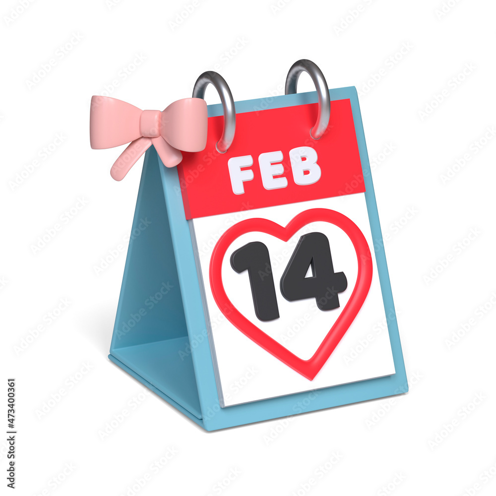 Calendar with Feb 14 page opened. Valentine's Day concept. 3D image Calendar with Feb 14 page opened. Valentine's Day concept. 3D image