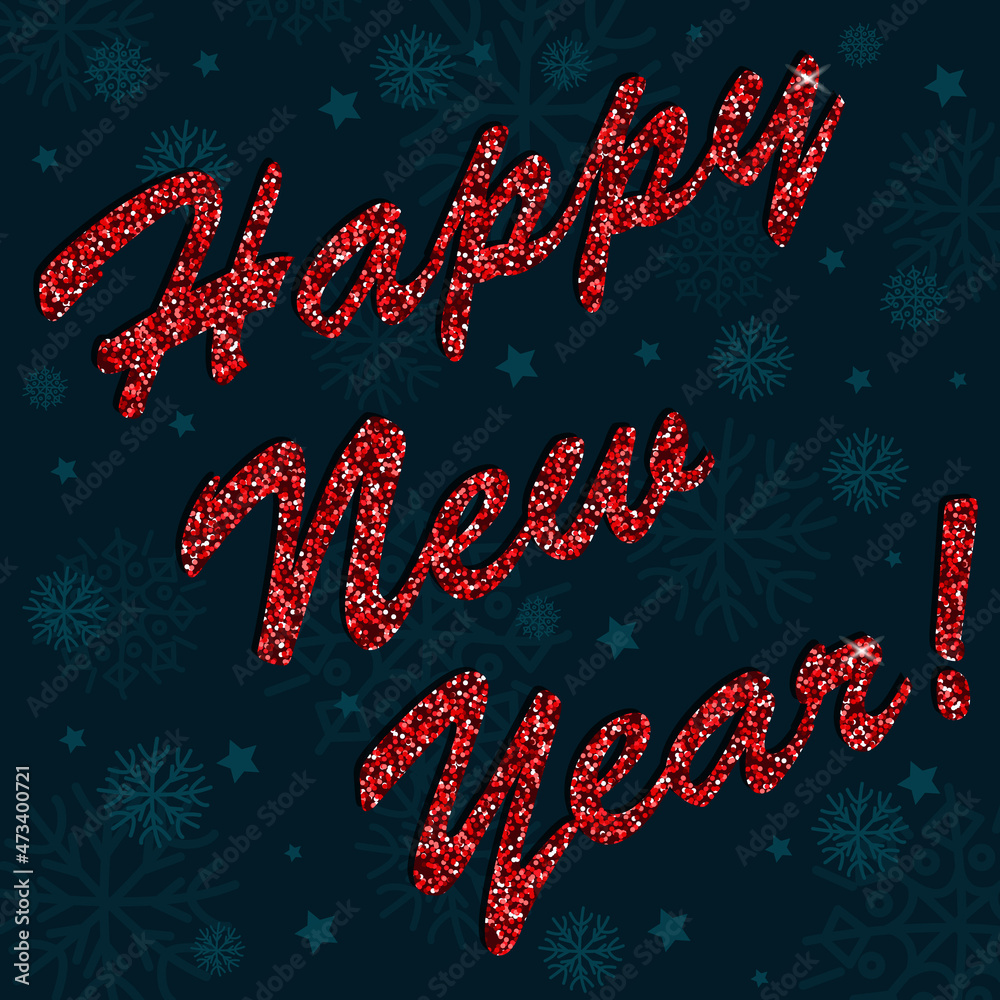 Happy new year red glitter lettering isolated on dark emerald background. Greeting card, banner, poster.
