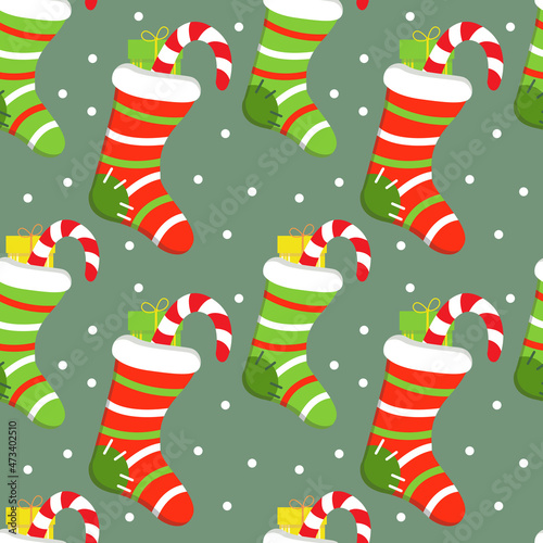 Seamless festive background with Christmas knitted sock and gift