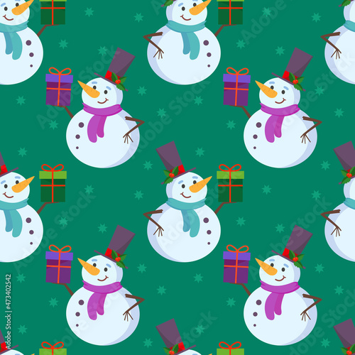 Seamless festive background with a cute snowman in a tall hat and a gift