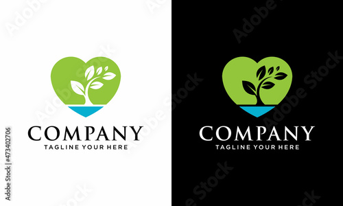 Heart leaf logo, healthy heart logo vector design template. on a black and white background.
