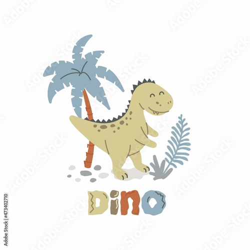 Cute poster with the little dinosaur vector prints for baby room  baby shower  greeting card  kids and baby t-shirts  and wear. Scandinavian trendy style