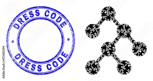 Puzzle binary tree mosaic icon with Dress Code stamp. Blue vector round distress stamp with Dress Code phrase. Abstract collage of binary tree icon done of puzzle plugins.