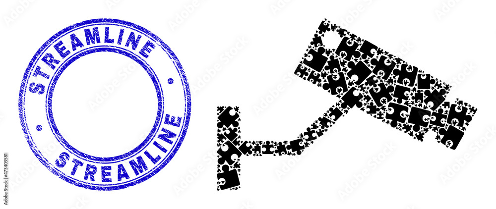 Puzzle CCTV camera mosaic icon with Streamline seal stamp. Blue vector rounded textured seal with Streamline caption. Abstract mosaic of CCTV camera icon organized of puzzle pieces. Puzzle CCTV camera mosaic icon with Streamline seal stamp. Blue vector rounded textured seal with Streamline caption. Abstract mosaic of CCTV camera icon organized of puzzle pieces.