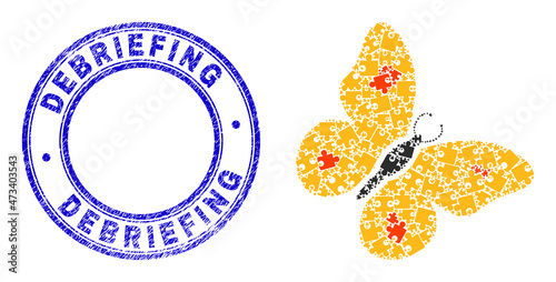 Puzzle butterfly mosaic icon with Debriefing badge. Blue vector round textured seal with Debriefing message. Abstract mosaic of butterfly icon designed of puzzle parts.