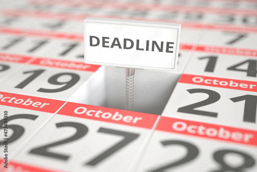 DEADLINE plate on October 20 in a calendar, 3d rendering DEADLINE plate on October 20 in a calendar, 3d rendering