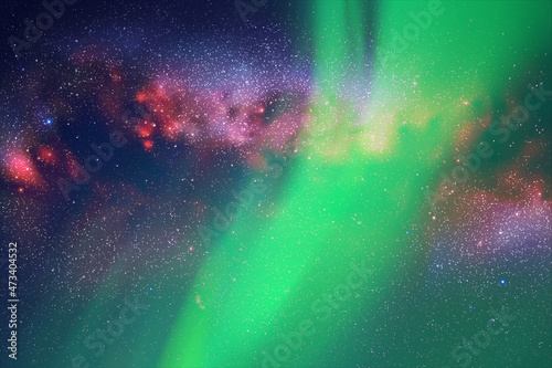 Night starry sky. Milky Way and Northern lights. Green aurora borealis