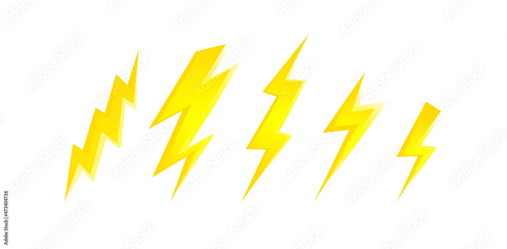 Set various glowing lightning bolts vector illustration in flat style isolated on white background.