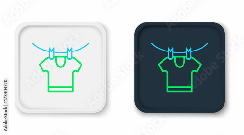 Line Drying clothes icon isolated on white background. Clean shirt. Wash clothes on a rope with clothespins. Clothing care and tidiness. Colorful outline concept. Vector