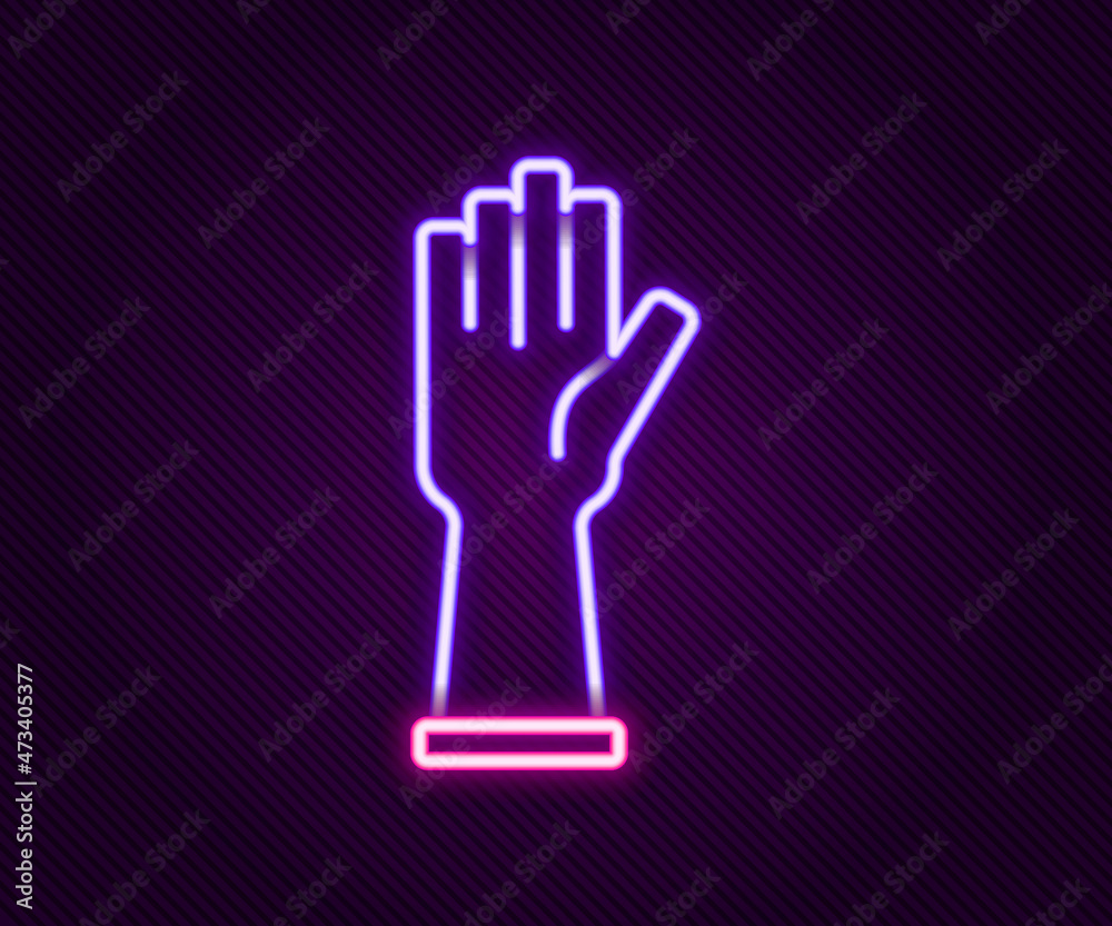 Fototapeta premium Glowing neon line Medical rubber gloves icon isolated on black background. Protective rubber gloves. Colorful outline concept. Vector