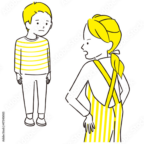 手描き1color　母親に叱られる男の子
