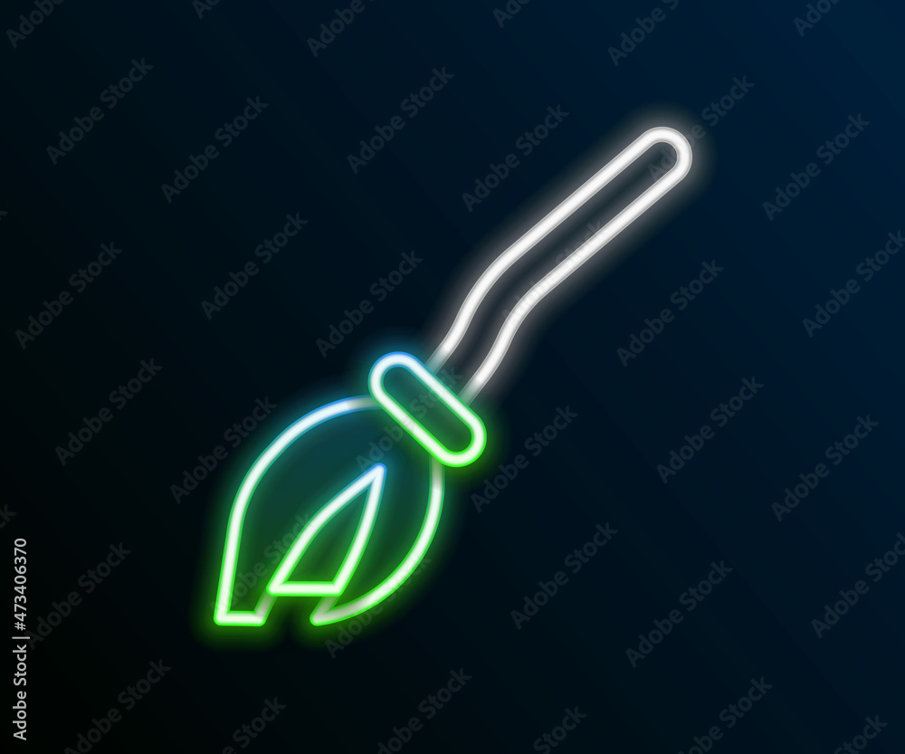 Glowing neon line Witches broom icon isolated on black background. Happy Halloween party. Colorful outline concept. Vector Glowing neon line Witches broom icon isolated on black background. Happy Halloween party. Colorful outline concept. Vector