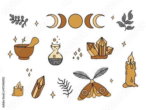 Magic objects for witch that used in alchemical medicine. Set of vector illustrations isolated on white. Witchcraft esoteric symbols, magician boho collection, mystery celestial clip art in doodle