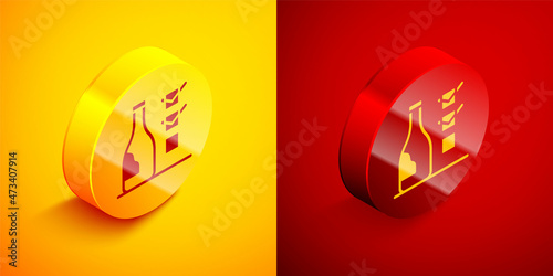 Isometric Bottle of wine icon isolated on orange and red background. Circle button. Vector