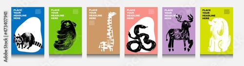 Raccoon, koala, giraffe, snake, elk, dog. Abstract wild animal. Jungle, Forest. Set of contemporary asian art print templates. Ink animals with place for text and geometrical shapes on the background.