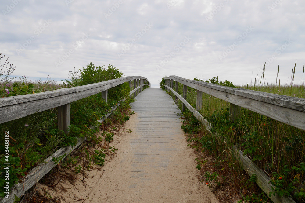 Sandwich boardwalk, famous walkway to sand dunes. Cape Cod, Massachusetts, USA,